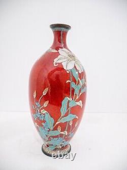 Large RARE Fine Pair Lily flower, Butterfly Japanese Cloisonne Vase Pigeon Blood