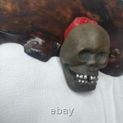 NETSUKE Skeleton Skull Head Pottery 1.4 inch Japanese Antique Old Fine Art