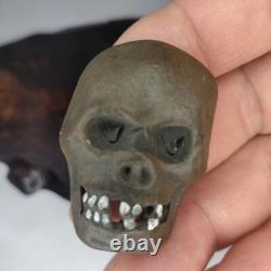 NETSUKE Skeleton Skull Head Pottery 1.4 inch Japanese Antique Old Fine Art