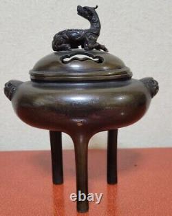 QILIN BRONZE Censer 7 in Japanese Antique Incense Burner KORO Okimono Fine Art