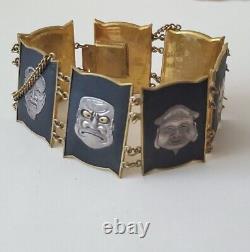 RARE EHTF Beautiful Antique 1920's Japanese Kabuki Mask Panel Bracelet
