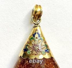 Rare Antique Japanese 18K Gold Cloisonné Enamel Amber Pendant 2.75 Meiji-Taisho
