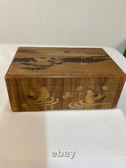 Rare Antique Japanese Finely Inlaid Parquetry Box Mt Fuji/secret Compartment