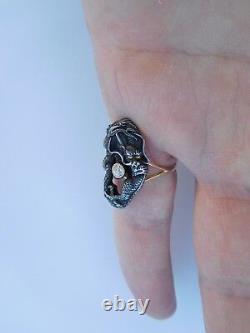 Rare Imperial Japanese Meiji 19th Century 1890 Silver Gold Diamond Dragon Ring