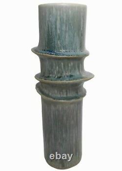 Rare Japanese Ikebana Modernist Tubular, Striated Glaze/triple Ringed Cer Vase