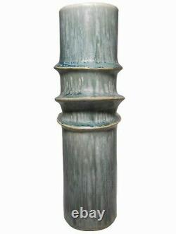 Rare Japanese Ikebana Modernist Tubular, Striated Glaze/triple Ringed Cer Vase
