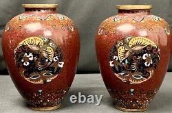 Rare Set Antique Meiji Era Fine Goldstone Kyoto School Japanese Cloisonne Vase