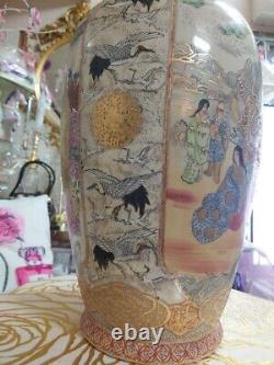 SATSUMA Large Vase 17.7in SAMURAI CRANE BIRD Antique MEIJI Era Fine Art Japanese