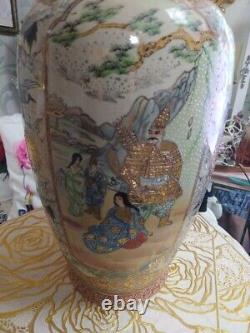 SATSUMA Large Vase 17.7in SAMURAI CRANE BIRD Antique MEIJI Era Fine Art Japanese