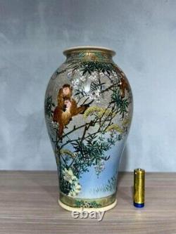 SATSUMA MONKEY FLOWER FINE Paint Vase Signed by HAMADA Antique MEIJI Japanese