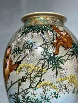 SATSUMA MONKEY FLOWER FINE Paint Vase Signed by HAMADA Antique MEIJI Japanese