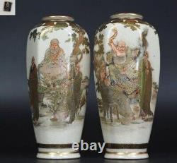 SATSUMA MONK FINE Paint Pair Vase Signed by NAGASUYAMA Japanese Antique MEIJI