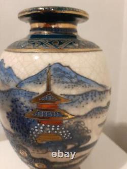 SATSUMA Ware LANDSCAPE Pattern Vase 6.3 inch Japanese Antique MEIJI Old Fine Art
