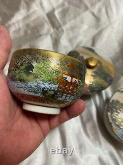 SET Fine Japanese Satsuma Hand Painted Enamel SIGNED Rice Bowl Tea Cup FREESHIP
