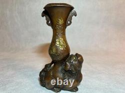 SHISHI LION Bronze Statue VASE 6.1 in Japanese Antique MEIJI Era Fine Art Metal