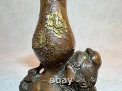 SHISHI LION Bronze Statue VASE 6.1 in Japanese Antique MEIJI Era Fine Art Metal