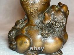 SHISHI LION Bronze Statue VASE 6.1 in Japanese Antique MEIJI Era Fine Art Metal