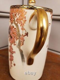 Signed Chocolate Pot Very Fine Wisteria Flowers & Birds Japanese Satsuma Meiji