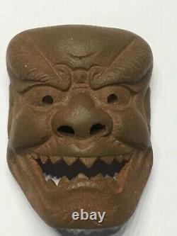 TWO Antique Vintage Japanese Finely Carved Pottery Netsuke Demon Masks