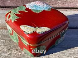 VTG Fine Meiji Period Cloisonne Box Red Butterfly Blossoming Flowers Japanese