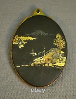 Very Fine Antique 19th c. Japanese Mt Fuji Damascene Locket w Mirror Meiji Japan