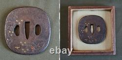 Very Fine Japanese Edo Period 18 19th Century Gold Inlay Tsuba in Box