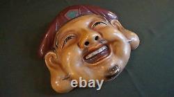 Very Fine Japanese Meiji Period Polychrome Mud Clay Mask Man with Brown Hat