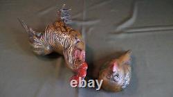 Very Fine Large Japanese Meiji Period Polychrome Bronze Rooster & Hen Statue