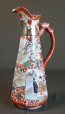 Very Fine Large Polychrome Japanese Meiji Period Kutani Pitcher Vase Signed