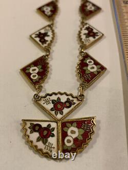 Vintage Cloisonne Enamel Japanese Damascene Drop Fan Necklace