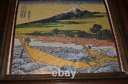 Vintage Fine Japanese Silk Embroidery, Famous Japanese Print Mt Fuji Boat Scene
