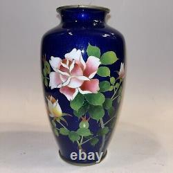 Vintage Japanese Cloisonne Vase Blue Ground Floral Motif Fine Quality 7.25