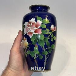 Vintage Japanese Cloisonne Vase Blue Ground Floral Motif Fine Quality 7.25