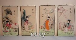 Vintage set of 4 Japanese original paintings on finely stretched raw silk
