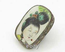 925 Argent Antique Japonais Geisha Peinture Grande Anneau Royal Sz 6 R4775