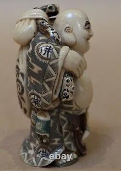 Ancienne Main Sculptée Et Signée Statue Japonaise Happy Merchant Avec Très Beau Travail