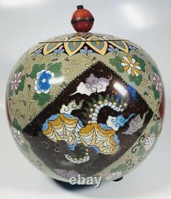 Antique 19ème Siècle Fine Japonaise Grande Cloisonne Enamel Jar Avec LID 9