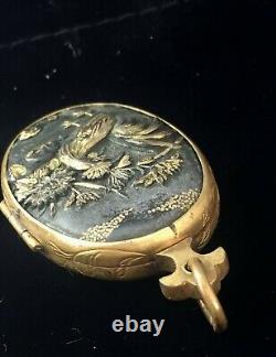Antique Années 1880 Victorienne Shakudo Locket Pendentif Poulet Coq Japonais Rare