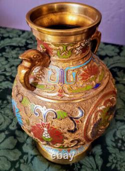 Antique Champleve Japonais Cloisonne' Dual Phoenix Birds Rising+ Vase Fine