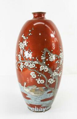 Antique Extrêmement Fine Japonais Cloisonne Vase Canards Prunus Red Ground Comme Est