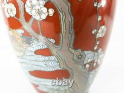 Antique Extrêmement Fine Japonais Cloisonne Vase Canards Prunus Red Ground Comme Est