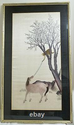 Antique Fine Chinois Japonais Brodé Panneau De Broderie Monkey Horse
