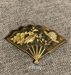 Antique Fine Japonais Meiji Shakudo Or Et Métal Mélangé Ventilateur Forme Broche