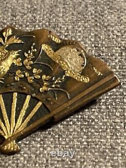 Antique Fine Japonais Meiji Shakudo Or Et Métal Mélangé Ventilateur Forme Broche
