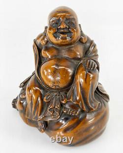Antique Fine Japonais Sculpté Boxwood Bouddha Hotei Okimono Netsuke Signé