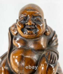 Antique Fine Japonais Sculpté Boxwood Bouddha Hotei Okimono Netsuke Signé