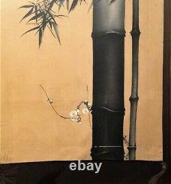 Antique Handpainted Silk Embroidery Japanese Fine Art Scroll Screen Bamboo Ink