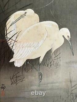 Antique Japanese Woodblock Print Cranes Original Signé Encadré Japon Fine Art
