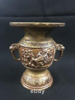 Antique Japon Vase De Bronze Oiseaux Fleurs Signé Fine