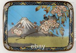 Antique Japonais Fine Cloisonne Enamel Tray Mt Fuji Fleurs D'oiseaux Comme Est
